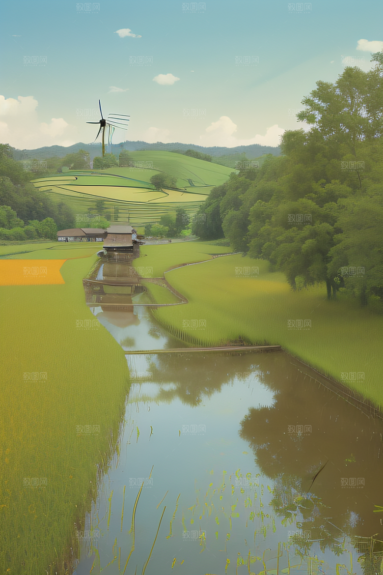 温馨乡村印象派乡村插画