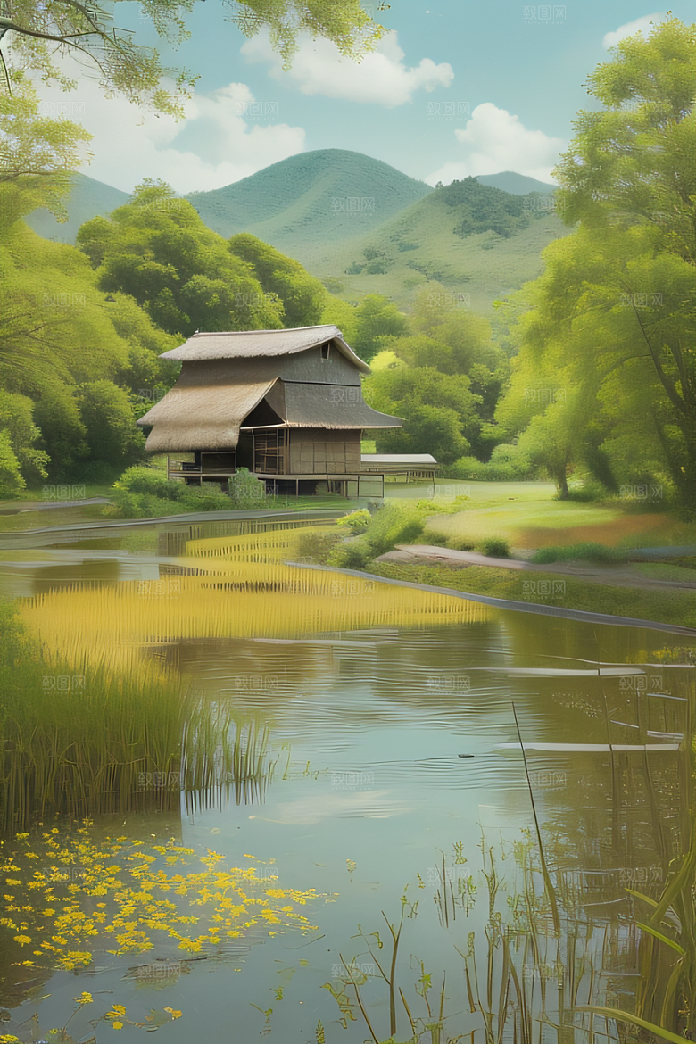 温馨乡村印象派乡村插画