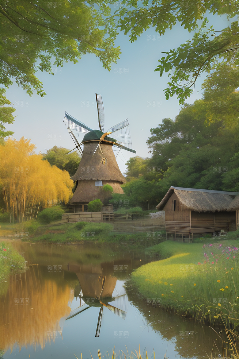 温馨乡村印象派乡村插画
