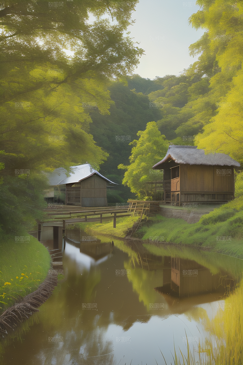 温馨乡村印象派乡村插画