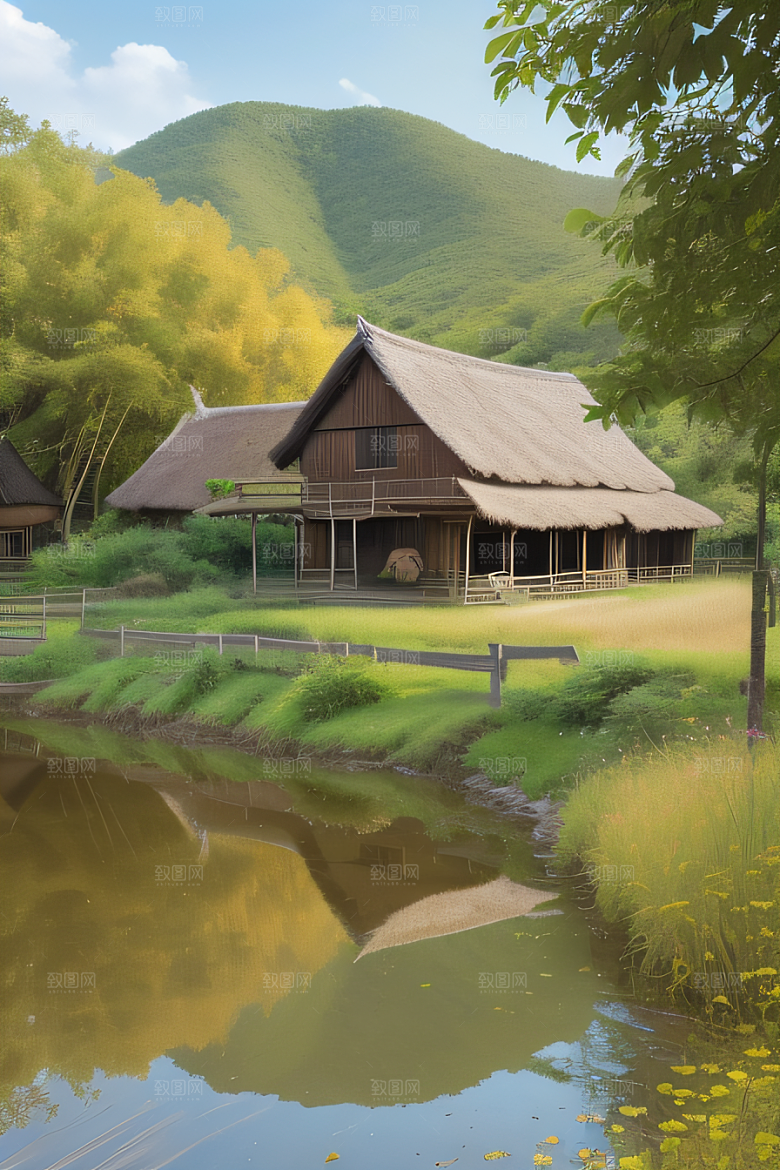 乡村印象农田与风车插画