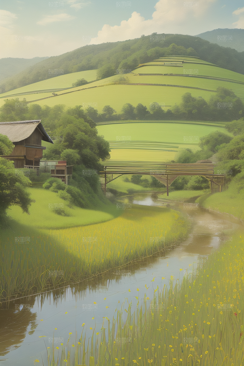 乡村印象农田与风车插画