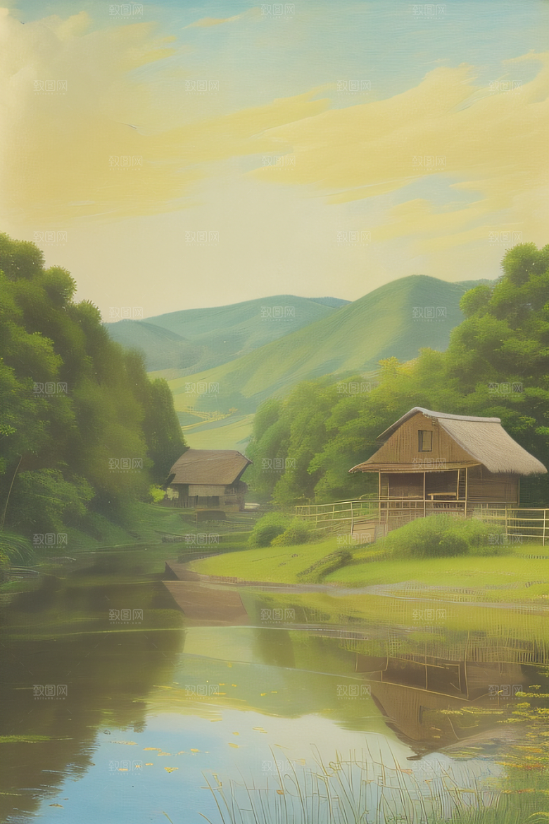 乡村印象农田与风车插画