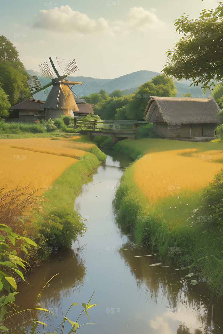 乡村印象农田与风车插画