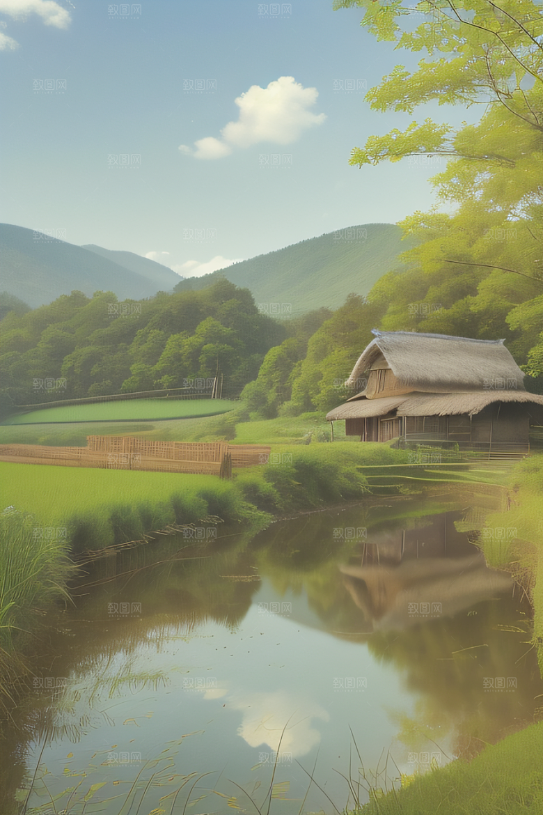 乡村印象农田与风车插画