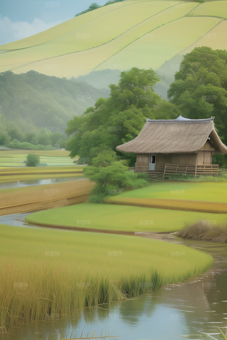 乡村印象农田与风车插画