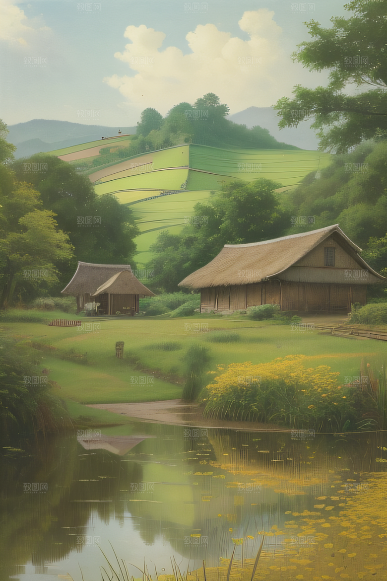 乡村印象农田与风车插画