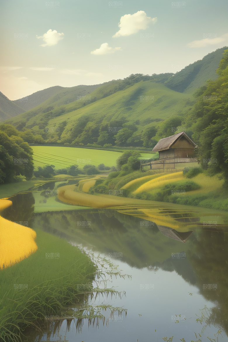 乡村印象农田与风车插画