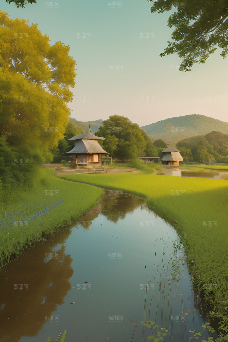 乡村印象农田与风车插画