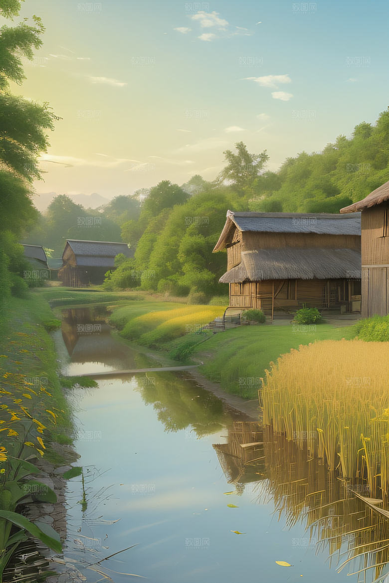 乡村印象农田与风车插画