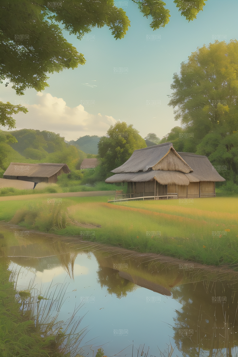 乡村印象农田与风车插画