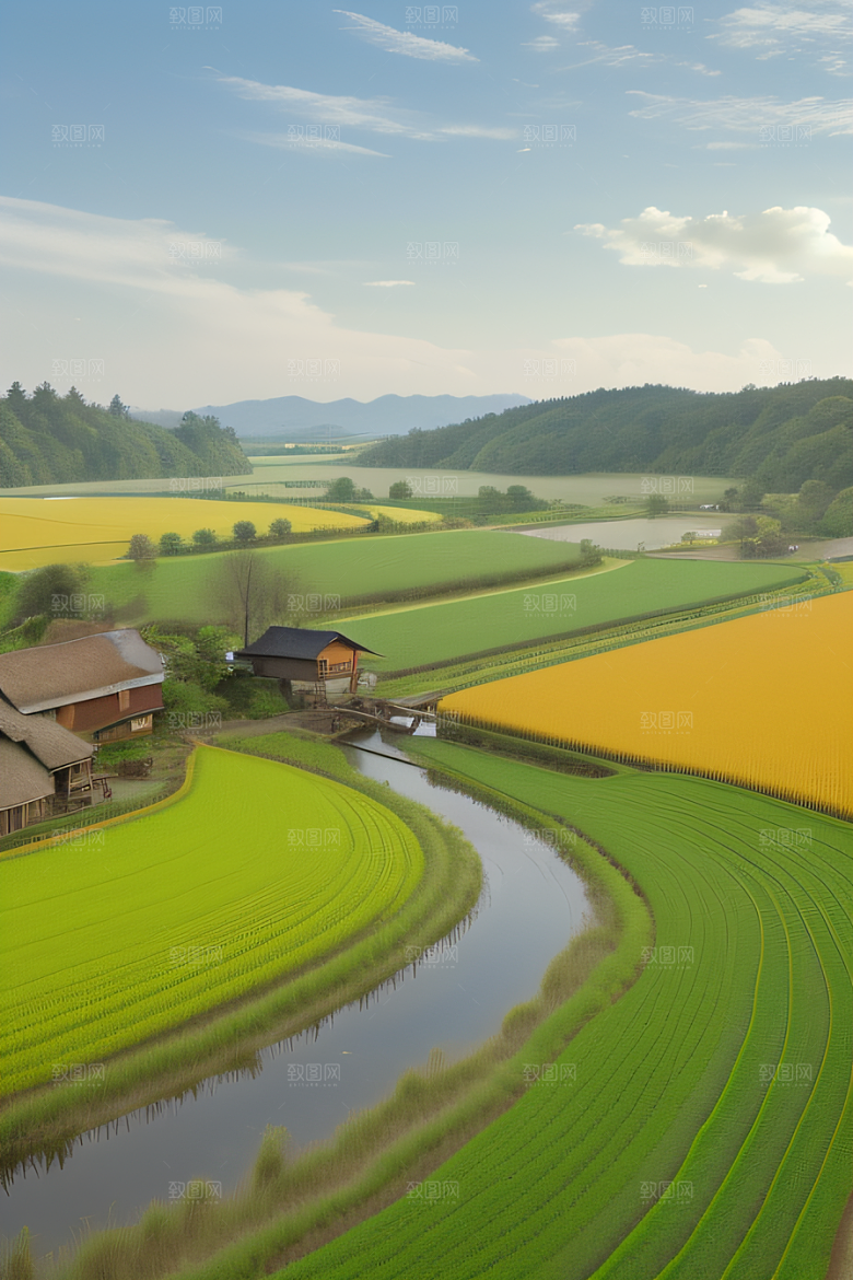 乡村印象农田与风车插画