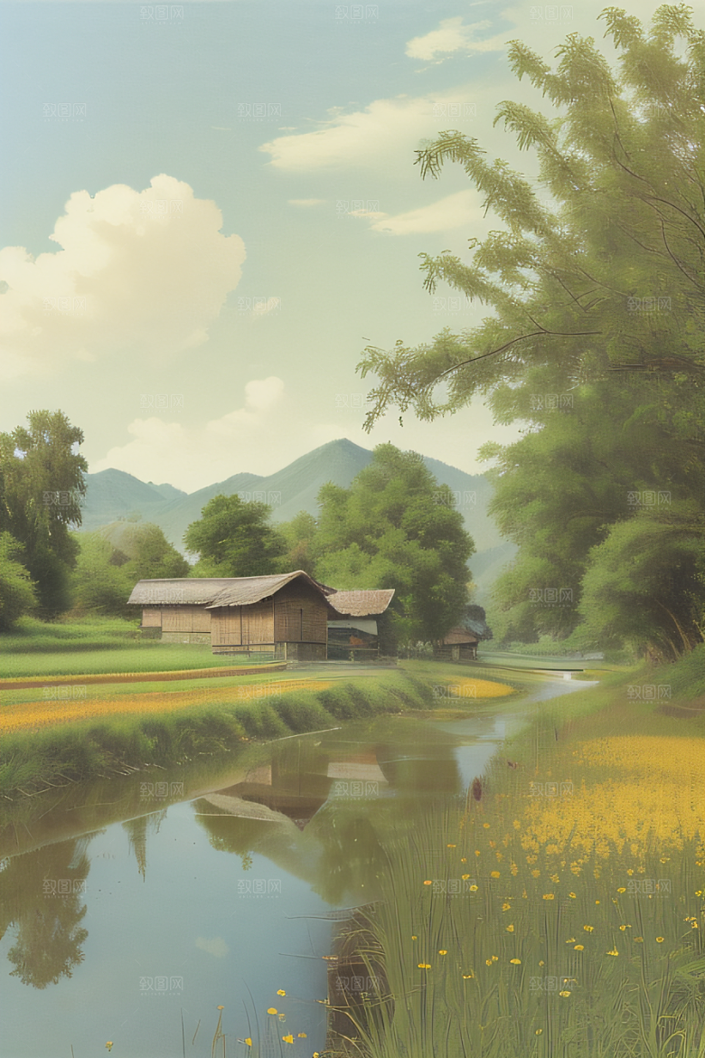 乡村印象农田与风车插画