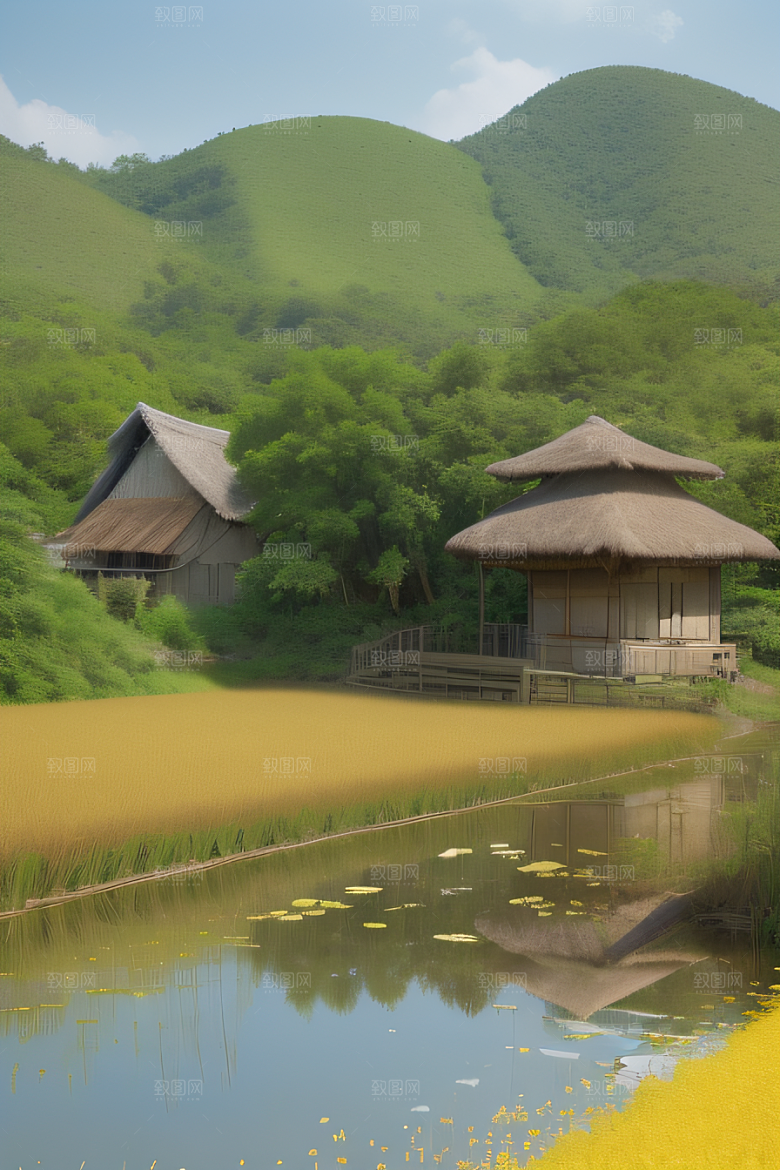 乡村印象农田与风车插画
