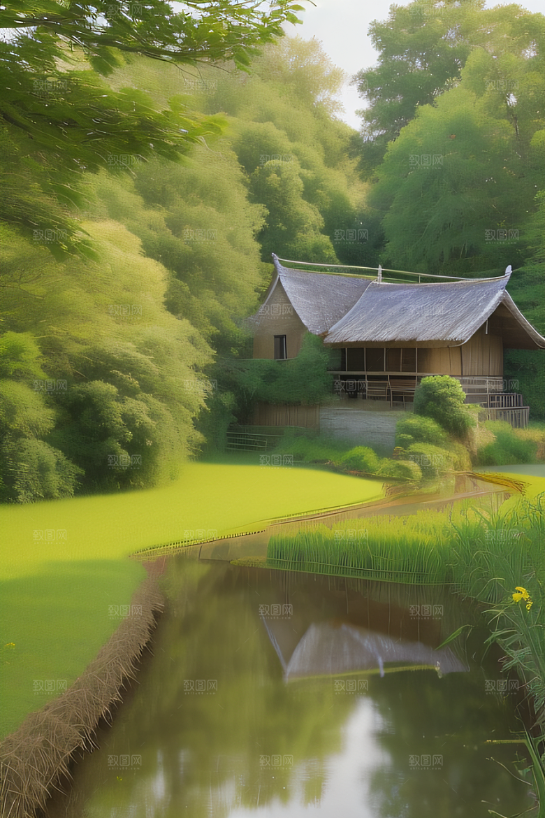 风车与小河乡村田园风景的和谐之美