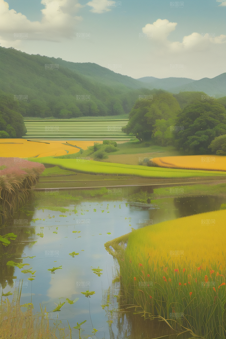 风车与小河乡村田园风景的和谐之美
