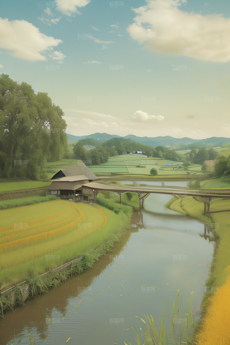 风车与小河乡村田园风景的和谐之美