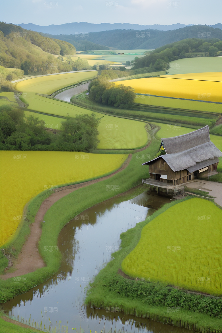 风车与小河乡村田园风景的和谐之美