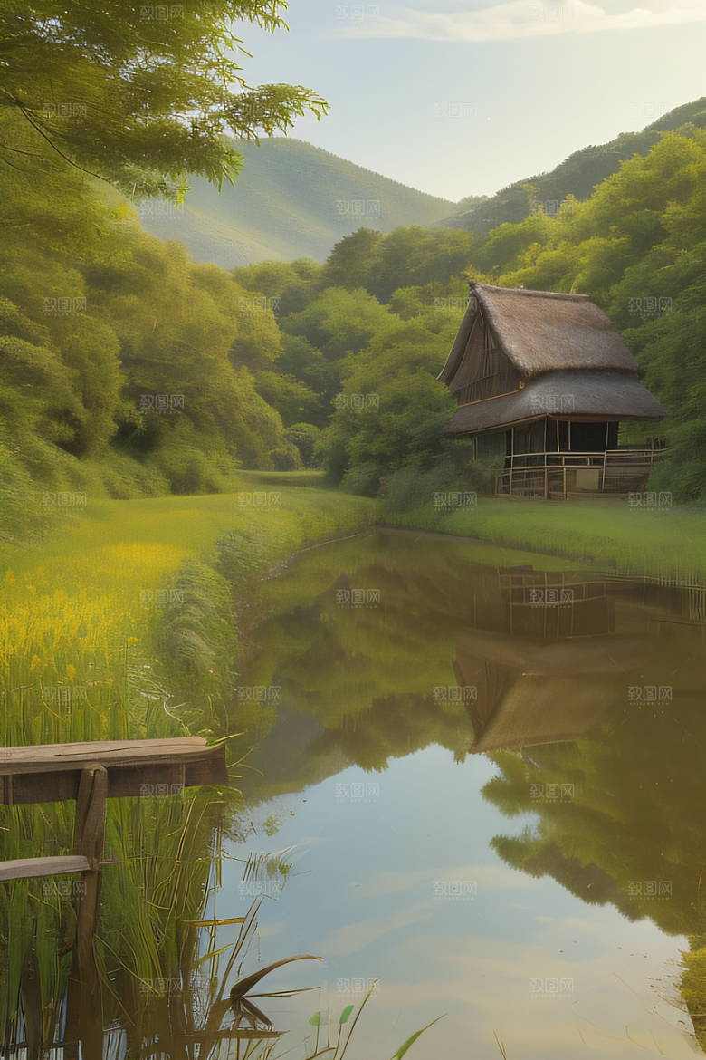风车与小河乡村田园风景的和谐之美