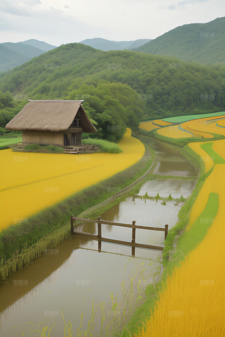 风车与小河乡村田园风景的和谐之美