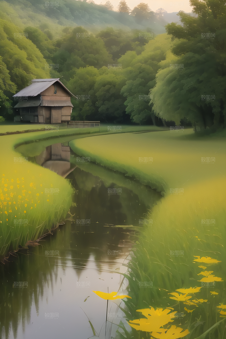 风车与小河乡村田园风景的和谐之美