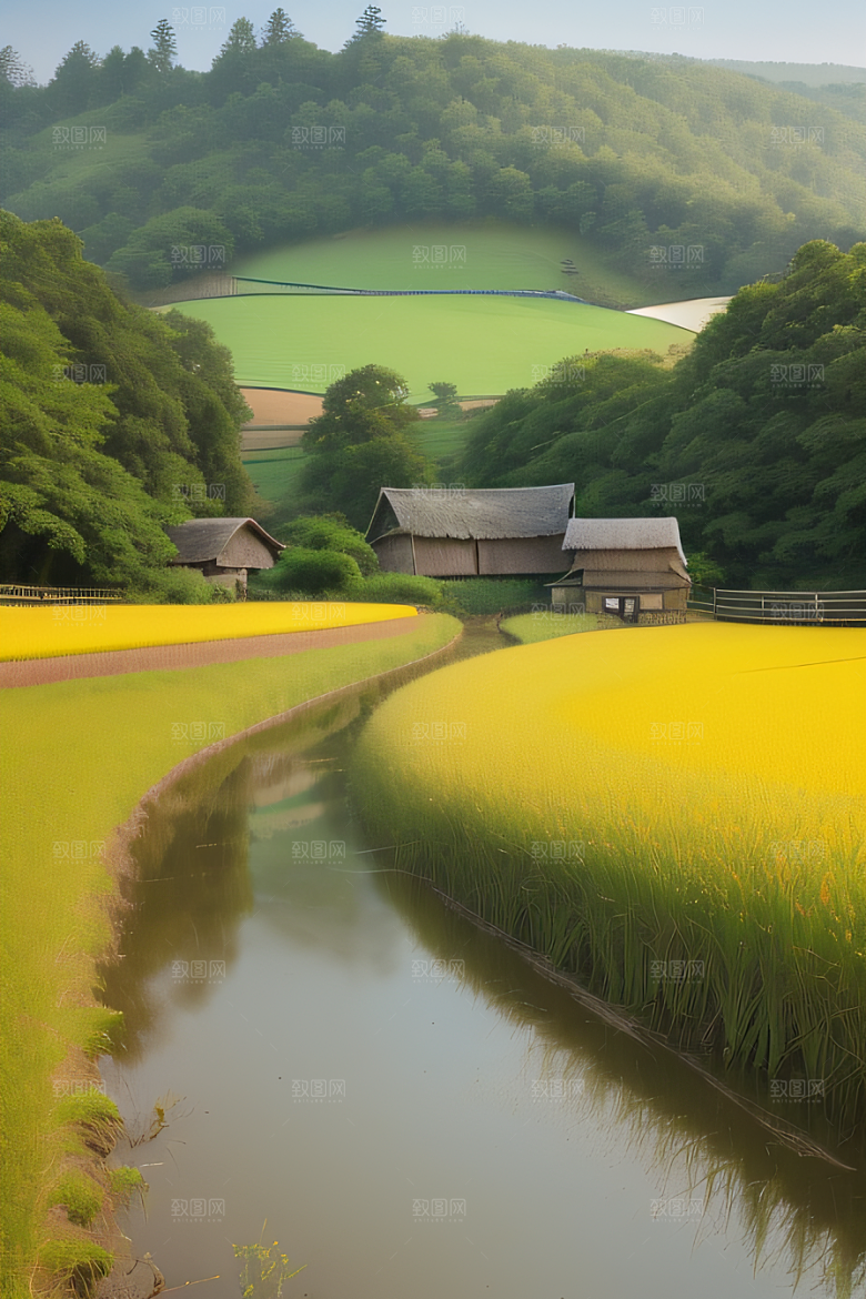 风车与小河乡村田园风景的和谐之美
