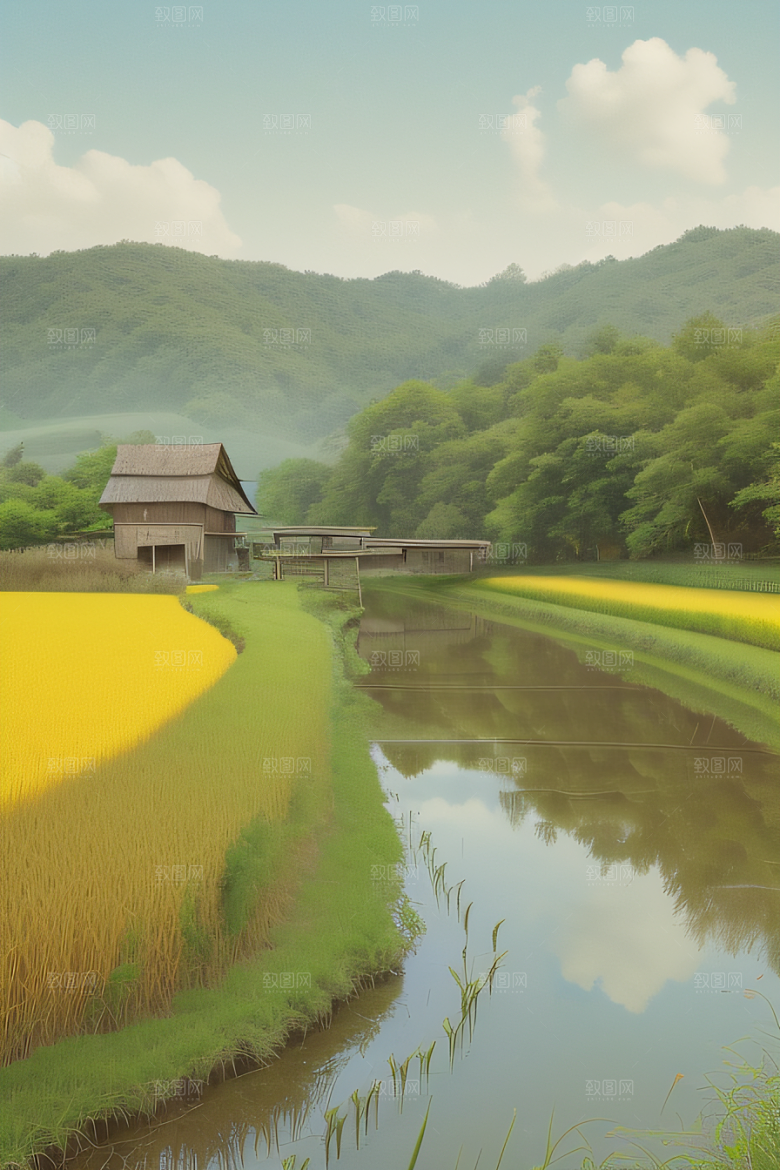 风车与小河乡村田园风景的和谐之美