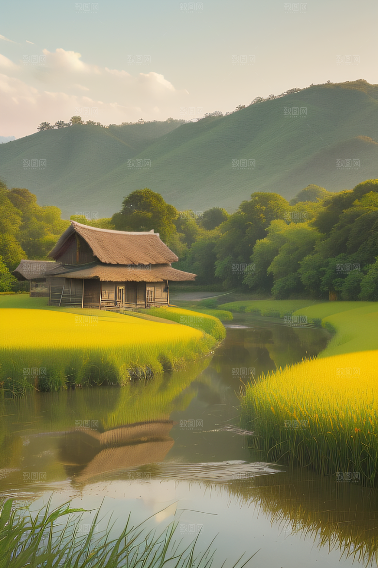 风车与小河乡村田园风景的和谐之美