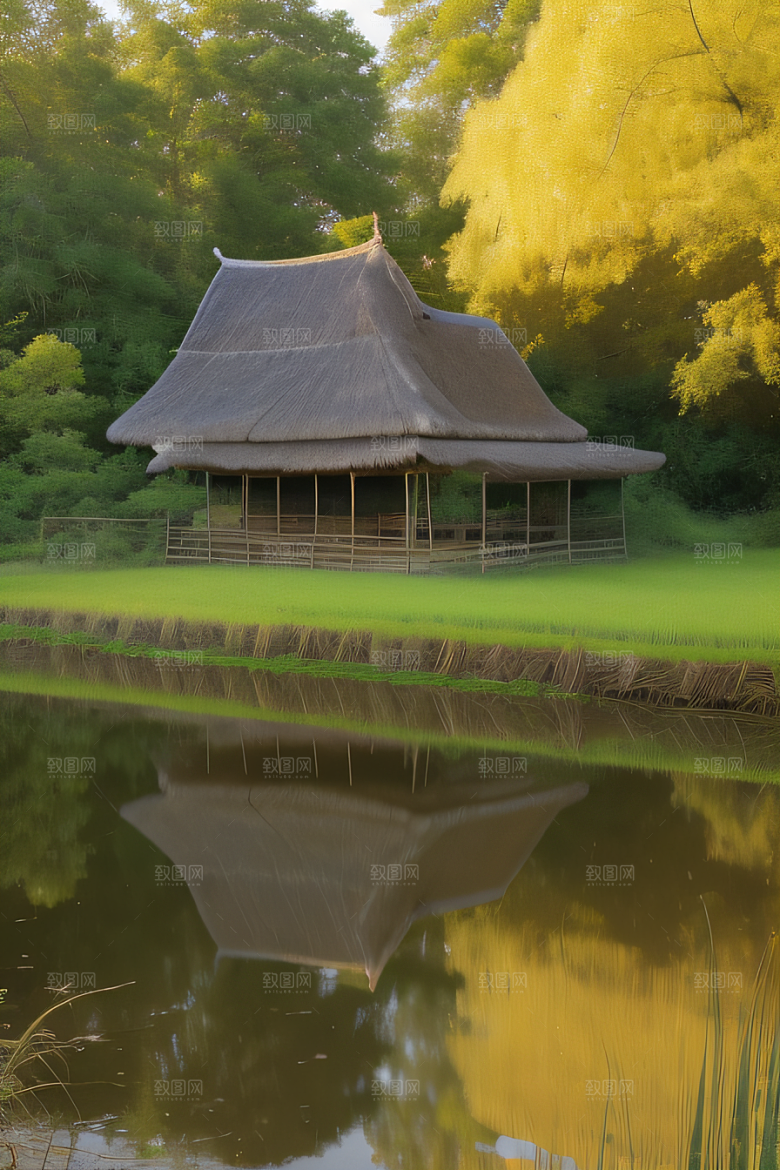 风车与小河乡村田园风景的和谐之美