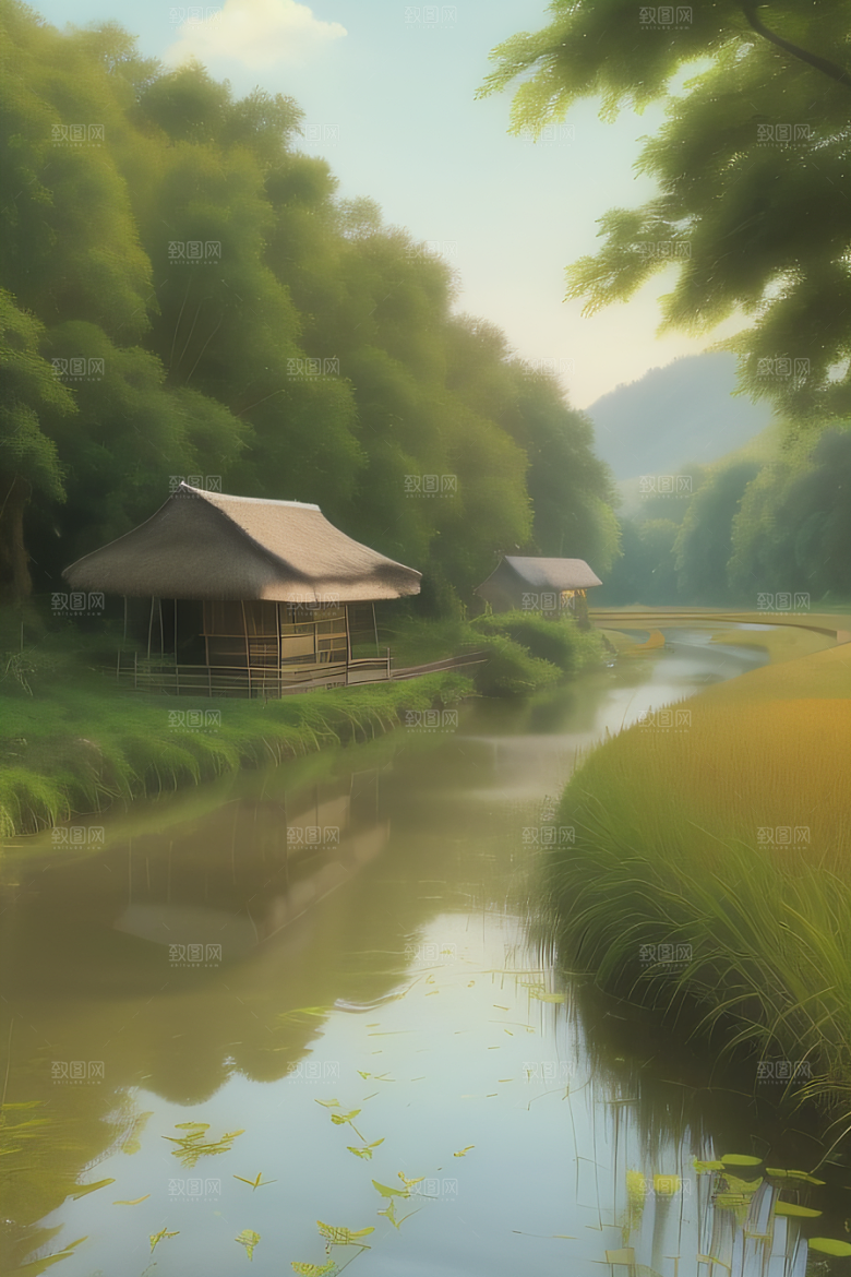 风车与小河乡村田园风景的和谐之美