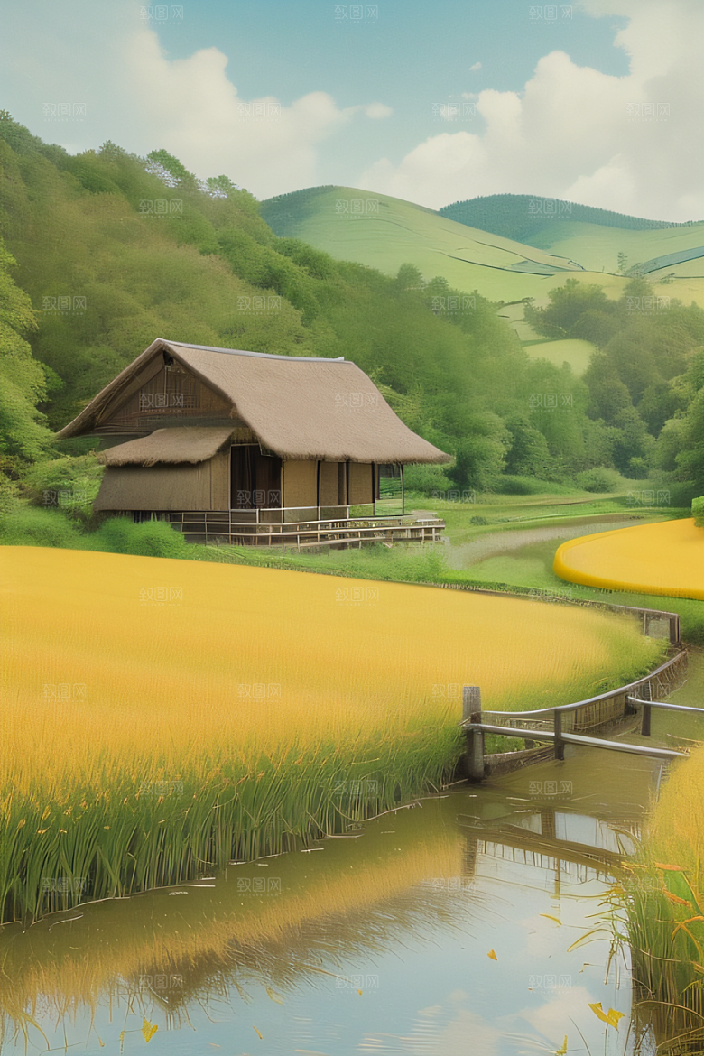 风车与小河乡村田园风景的和谐之美