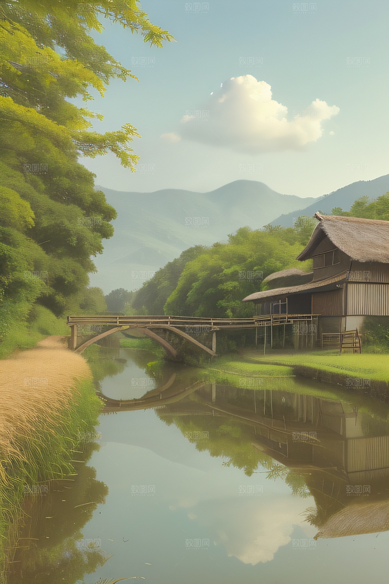 风车与小河乡村田园风景的和谐之美
