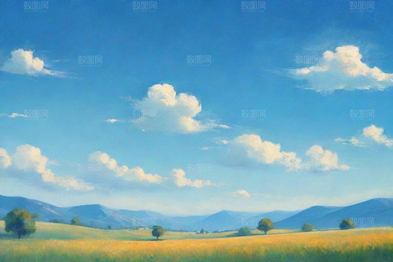 草原上的明亮蓝天白云