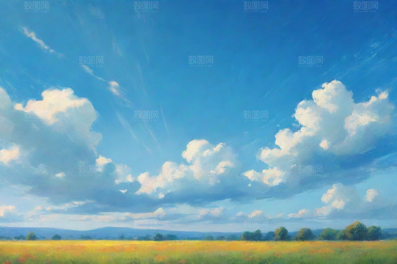 明亮蓝天下的白云草地