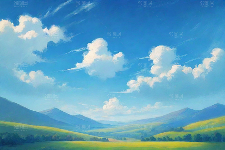 明亮蓝天下的白云草地