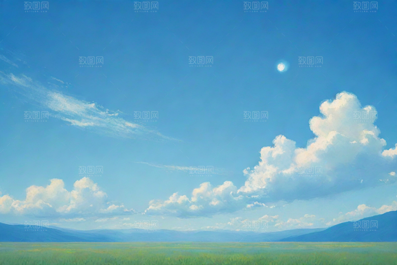明亮蓝天下的白云草地