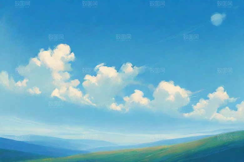 明亮蓝天下的白云草地