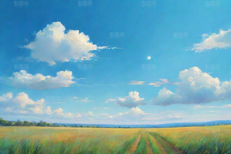 明亮蓝天下的白云草地