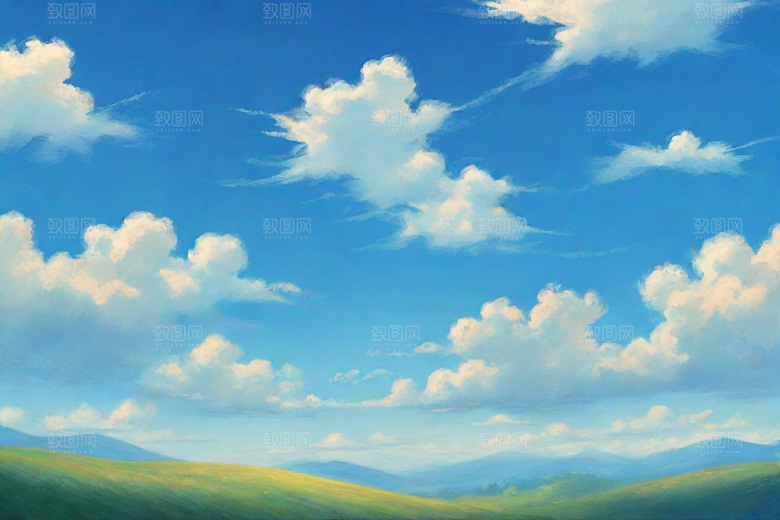 明亮蓝天下的白云草地