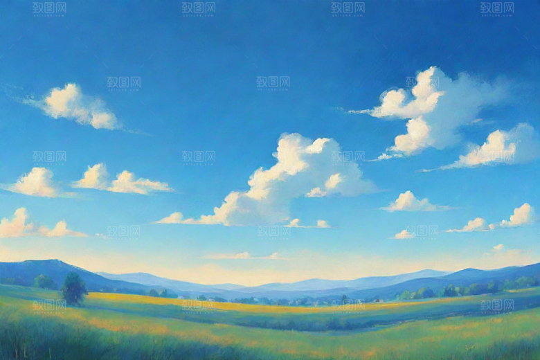 明亮蓝天下的白云草地