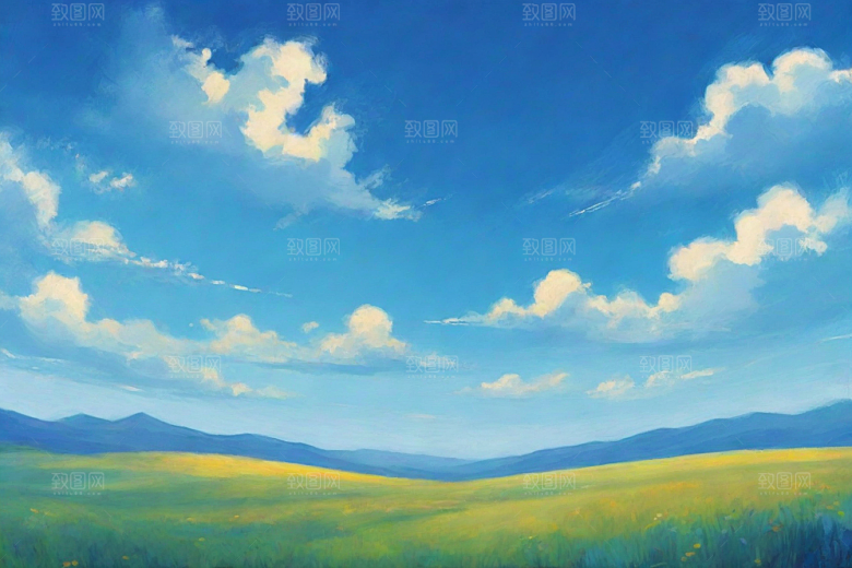 明亮蓝天下的白云草地