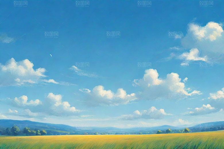 明亮蓝天下的白云草地