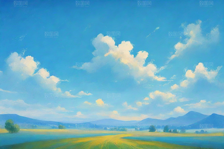 明亮蓝天下的白云草地
