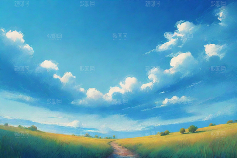明亮蓝天下的白云草地