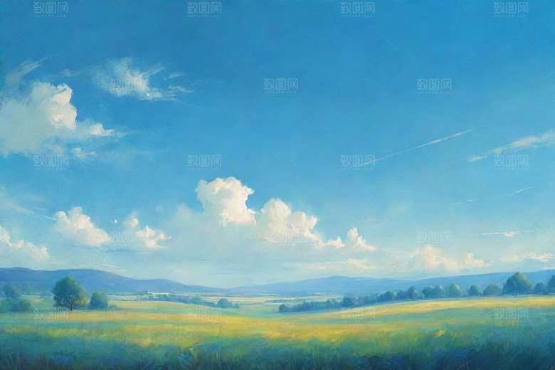 明亮蓝天下的白云草地