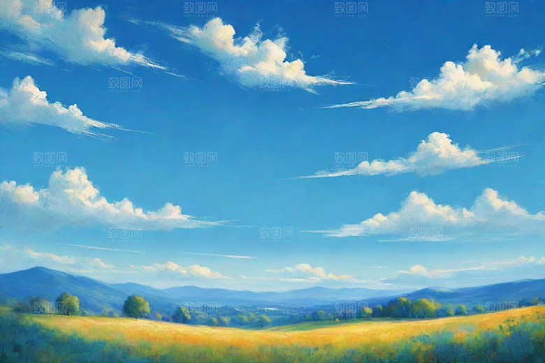 明亮蓝天下的白云草地