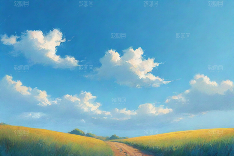 明亮蓝天下的白云草地