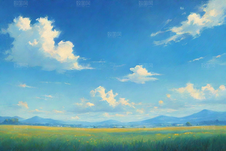 明亮蓝天白云下的绿草