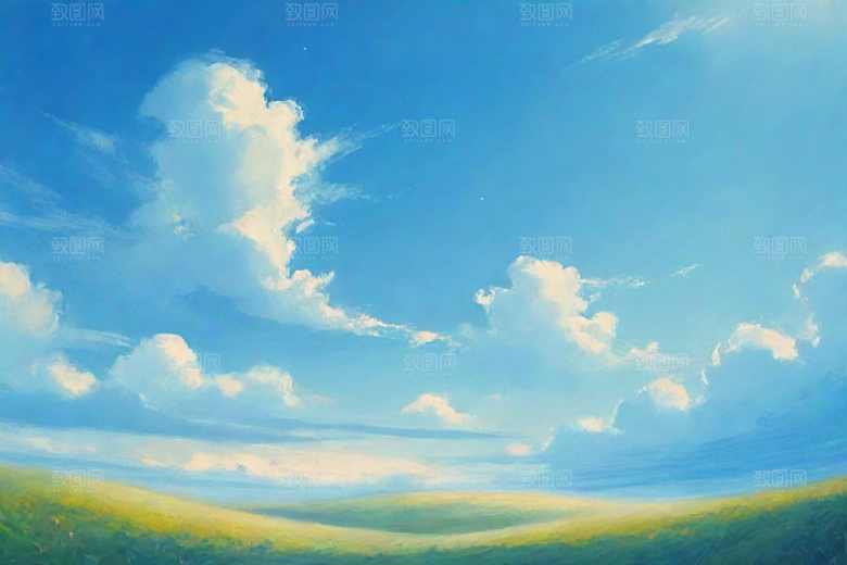 明亮蓝天白云下的绿草