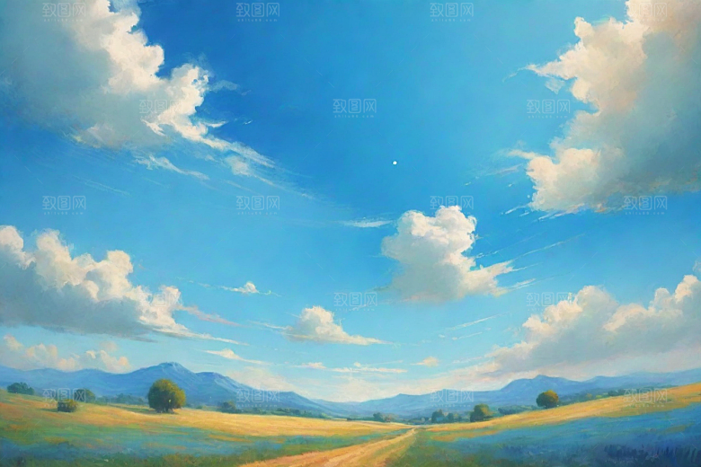 明亮蓝天白云下的绿草